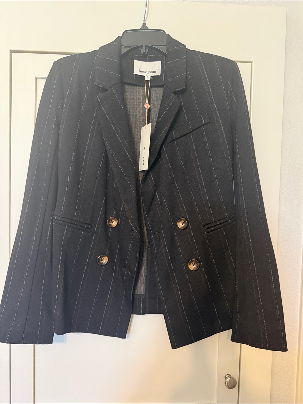 Heartloom Black Pinstripe Double-Breasted Blazer with Buttons